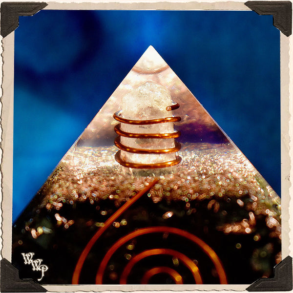 LARVIKITE ORGONE PYRAMID. With Clear Quartz Copper Coil For Spiritual Connections & Deep Wisdom.