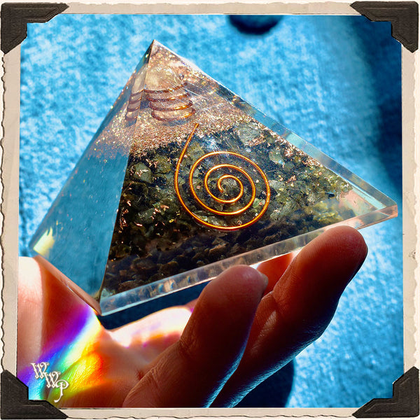 LARVIKITE ORGONE PYRAMID. With Clear Quartz Copper Coil For Spiritual Connections & Deep Wisdom.