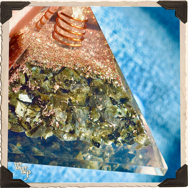 LARVIKITE ORGONE PYRAMID. With Clear Quartz Copper Coil For Spiritual Connections & Deep Wisdom.