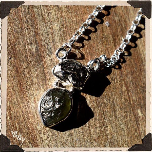 LIMITED EDITION : METEORITE & MOLDAVITE NECKLACE. For Higher Wisdom & Cosmic Connections. Sterling Silver. SKU: MH33