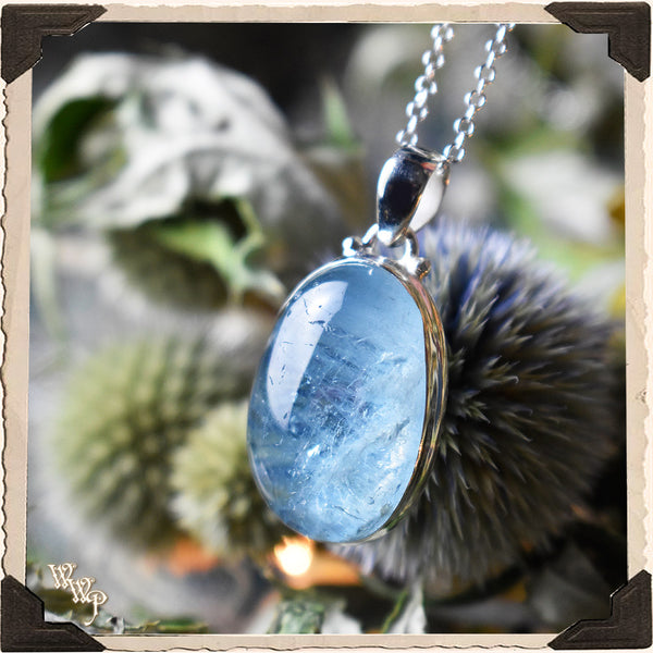 LIMITED EDITION : AQUAMARINE CRYSTAL PENDANT NECKLACE. For Youth, Hope & New Adventures. Sterling Silver (SKU: MB33AQ)