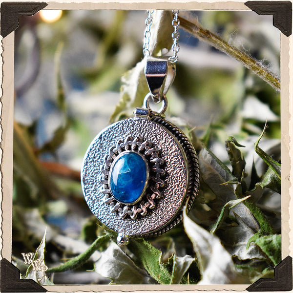 LIMITED EDITION : BLUE APATITE ROUND LOCKET NECKLACE. For Speaking Your Truth & Manifestation. Sterling Silver (SKU: MB33R)
