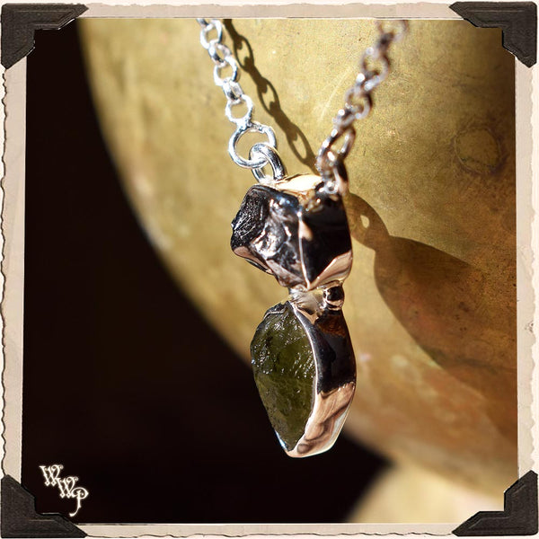 LIMITED EDITION : METEORITE & MOLDAVITE NECKLACE. For Higher Wisdom & Cosmic Connections. Sterling Silver. SKU: MH33