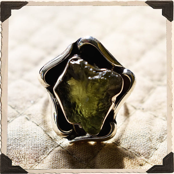 LIMITED EDITION : MOLDAVITE ART NOUVEAU RING. For Higher Wisdom & Cosmic Connections. Sterling Silver