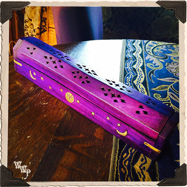 PURPLE COFFIN BOX. Wooden Incense Burner with sun, moon and stars. Incense Stick & Cone Holder.