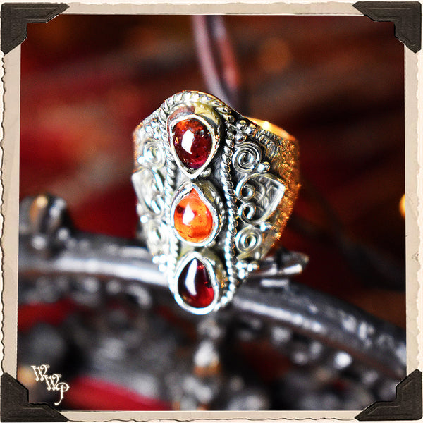 LIMITED EDITION : TRIPLE RED GARNET RING w/ HEART. For Protection & Witchcraft. Sterling Silver.( SKU:379AB )