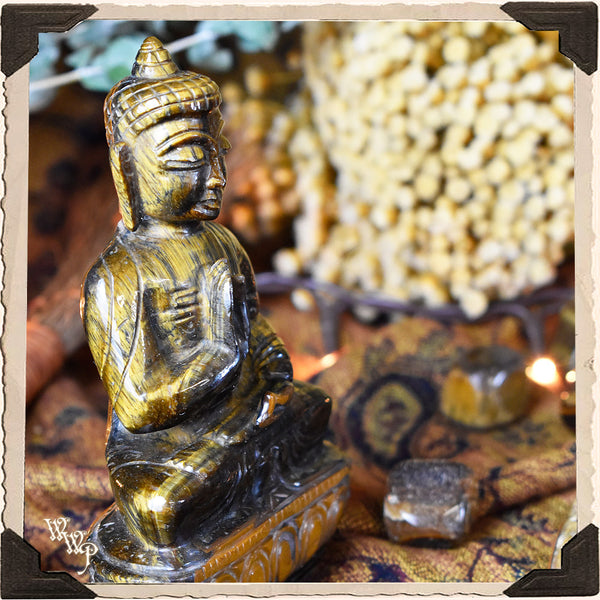 BUDDHA CARVED TIGER'S EYE STATUE. For Courage, Stability & Protection.