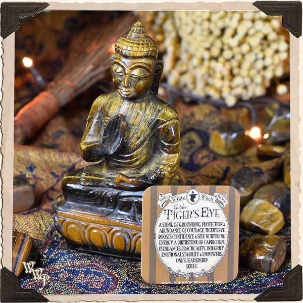 BUDDHA CARVED TIGER'S EYE STATUE. For Courage, Stability & Protection.