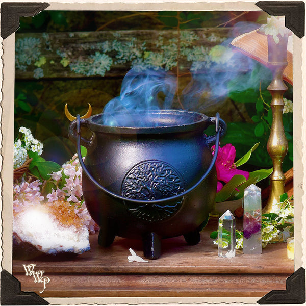 JUMBO BLACK IRON CAULDRON. Tree of Life with Lid, Heavy Duty Witch's Outdoor Cauldron Incense, resins & herbs.