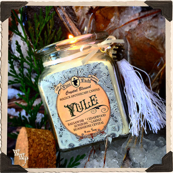 YULE APOTHECARY CANDLE 8oz. Winter Solstice. Scent of Balsam Fir Pine & Cedarwood. Blessed by Sunstone, Garnet & Bloodstone.