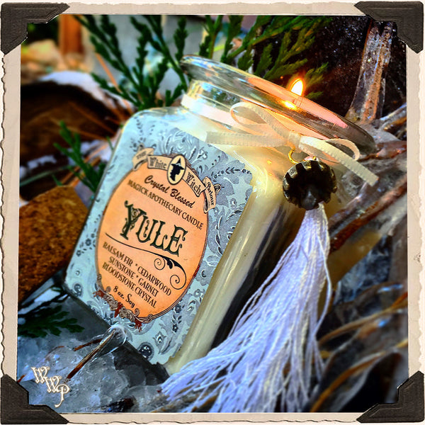 YULE APOTHECARY CANDLE 8oz. Winter Solstice. Scent of Balsam Fir Pine & Cedarwood. Blessed by Sunstone, Garnet & Bloodstone.