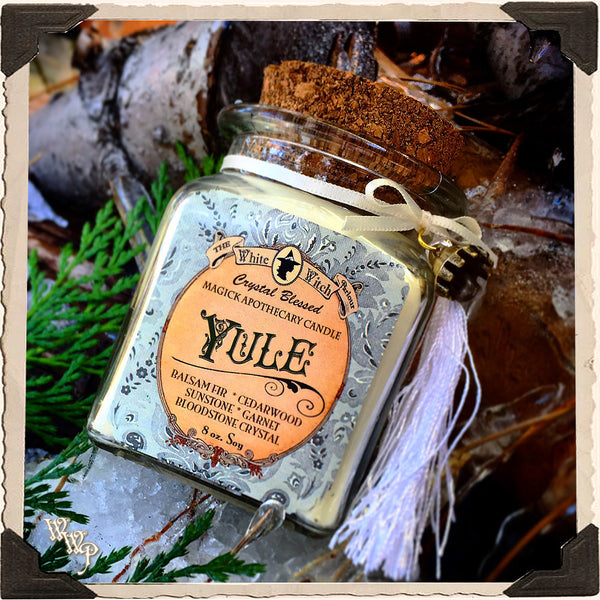 YULE APOTHECARY CANDLE 8oz. Winter Solstice. Scent of Balsam Fir Pine & Cedarwood. Blessed by Sunstone, Garnet & Bloodstone.