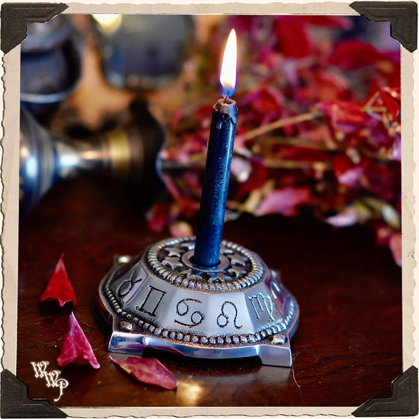 METAL ZODIAC CHIME CANDLE HOLDER. For Cone Incense & Spell Candles.