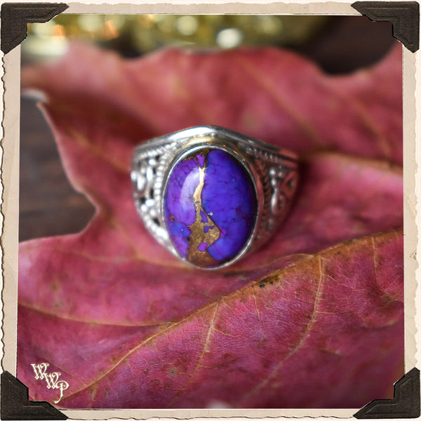 LIMITED EDITION : COPPER & PURPLE TURQUOISE OVAL RING. For Empaths & Psychic Development. Sterling Silver.( SKU:PCT88 )