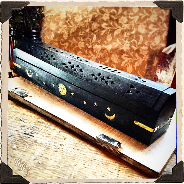BLACK COFFIN BOX. Wooden Incense Burner with sun, moon and stars. Incense Stick & Cone Holder.