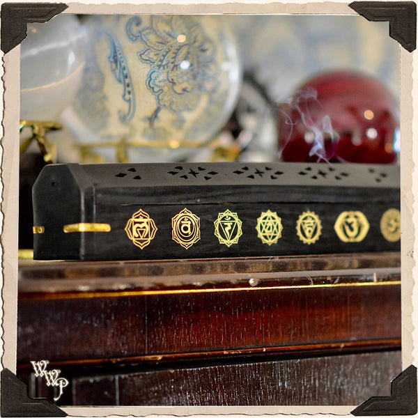 CHAKRA SYMBOLS BLACK COFFIN BOX. Wooden Incense Burner for Incense Stick & Cone Holder.