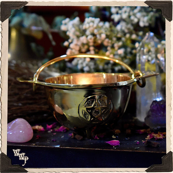 PENTACLE BRASS CAULDRON with Handle For Resins, Herbs & Incense.