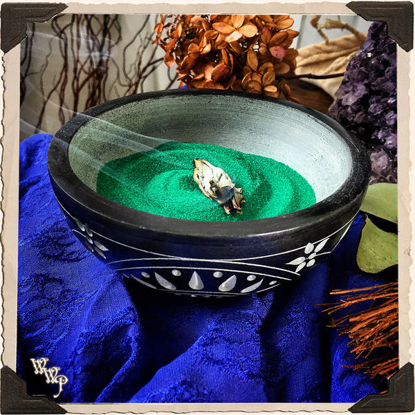 BLACK SOAPSTONE CARVED SMUDGE BOWL. Black & Gray Witches Ritual Smudge Pot & Charcoal Burner.