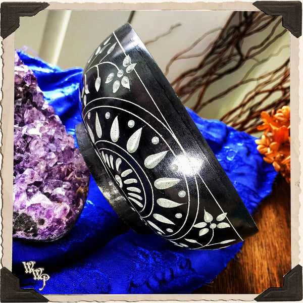 BLACK SOAPSTONE CARVED SMUDGE BOWL. Black & Gray Witches Ritual Smudge Pot & Charcoal Burner. White Witch Parlour
