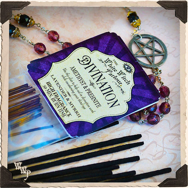 DIVINATION Elixir INCENSE. 20 Stick Pack. Scent of Lavender & Myrrh. Blessed by Amethyst & Prehnite Crystals. White Witch Parlour