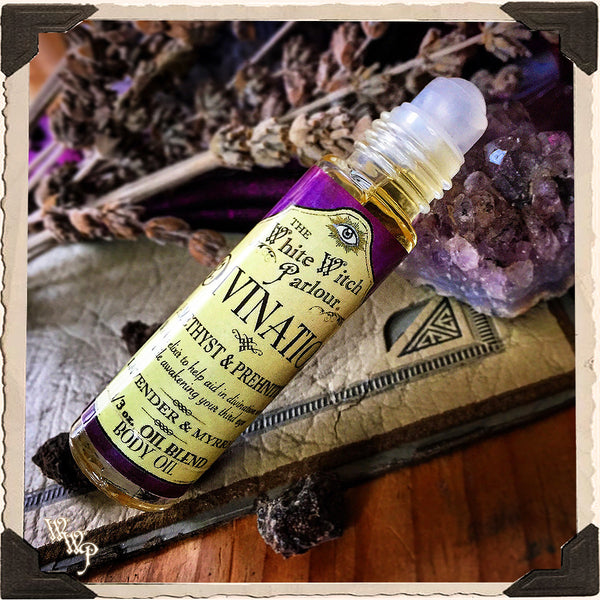 DIVINATION Elixir 1/3oz. BODY OIL Rollon. Scent of Lavender & Myrrh. Blessed by Amethyst & Prehnite Crystals.