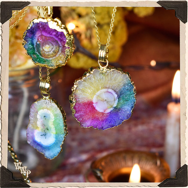 AURA CLEANSE SOLAR QUARTZ CHAKRA PENDANT NECKLACE. Electorplated Rainbow Energy Talisman.