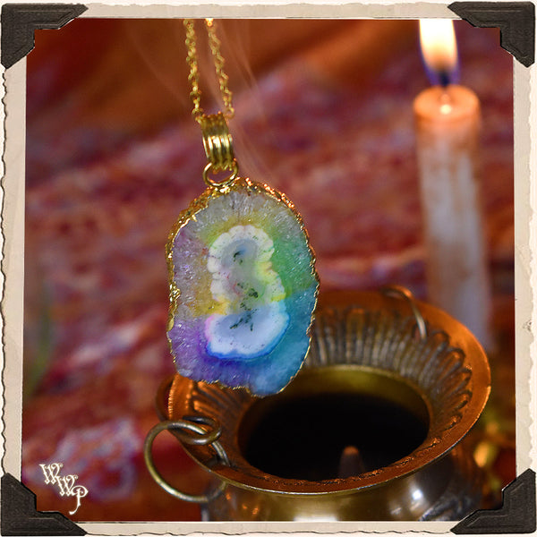 AURA CLEANSE SOLAR QUARTZ CHAKRA PENDANT NECKLACE. Electorplated Rainbow Energy Talisman.