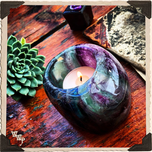 FLUORITE CANDLE HOLDER. For Spiritual Awakening & Psychic Awareness. Tealight Crystal. White Witch Parlour