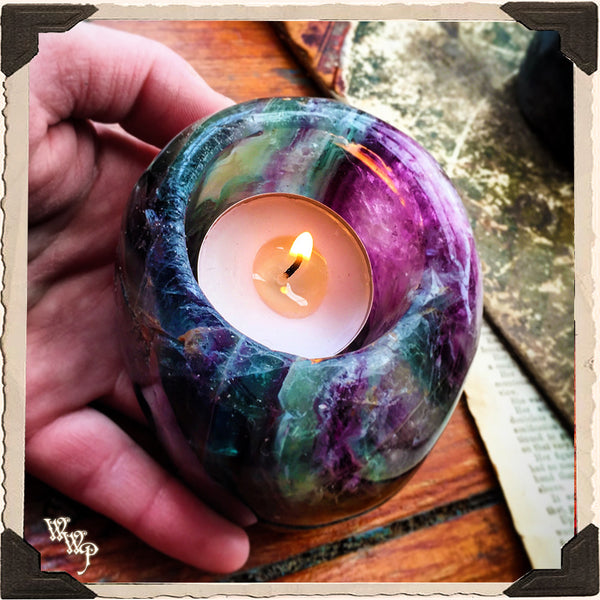 FLUORITE CANDLE HOLDER. For Spiritual Awakening & Psychic Awareness. Tealight Crystal. White Witch Parlour