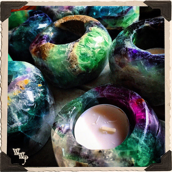 FLUORITE CANDLE HOLDER. For Spiritual Awakening & Psychic Awareness. Tealight Crystal. White Witch Parlour