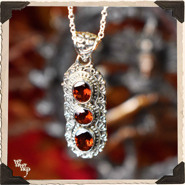 LIMITED EDITION : TRIPLE RED GARNET NECKLACE PENDANT. For Protection & Witchcraft. Sterling Silver.( SKU:448AB )