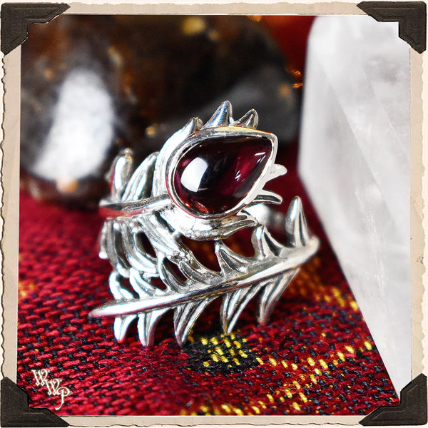 LIMITED EDITION : RED GARNET FEATHER RING. For Protection & Witchcraft. Sterling Silver.( SKU:370B )