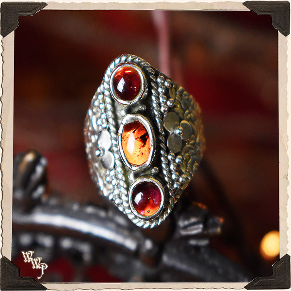 LIMITED EDITION : TRIPLE RED GARNET RING w/ FLOWER. For Protection & Witchcraft. Sterling Silver.( SKU:380AB )