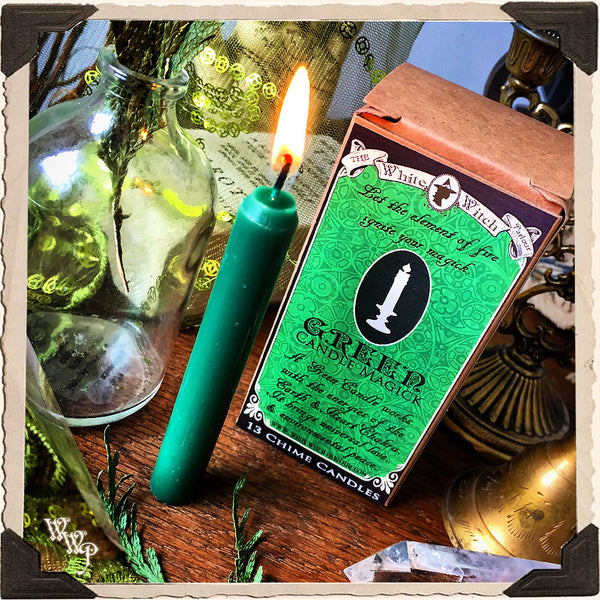 GREEN SPELL CANDLES. 13 Pack - Unscented. Mini Taper Candle Magick for Earth Element & Heart.