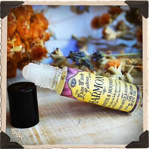 HARMONY Elixir 1/3oz. BODY OIL Rollon. Scent of Cedar, Spice & Bayberry. Blessed by Selenite & Moonstone Crystals.