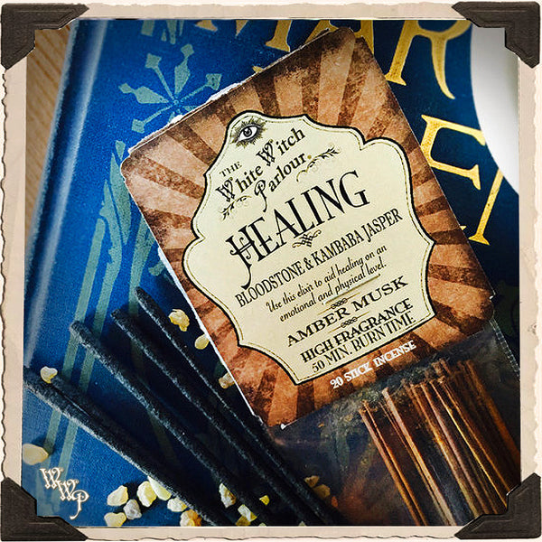 HEALING Elixir INCENSE. 20 Stick Pack. Scent of Amber & Musk. Blessed by Bloodstone & Kambaba Jasper Crystals. White Witch Parlour