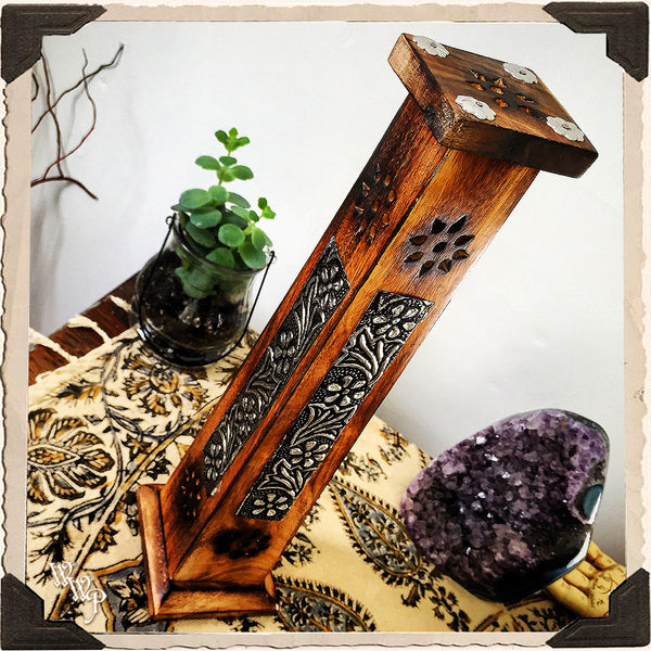 BOTANICAL INCENSE BURNER TOWER. Upright Wooden Box with Metal Stampings. Incense Stick & Cone Holder.