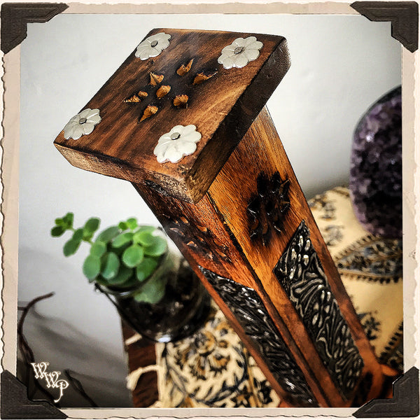BOTANICAL INCENSE BURNER TOWER. Upright Wooden Box with Metal Stampings. Incense Stick & Cone Holder.