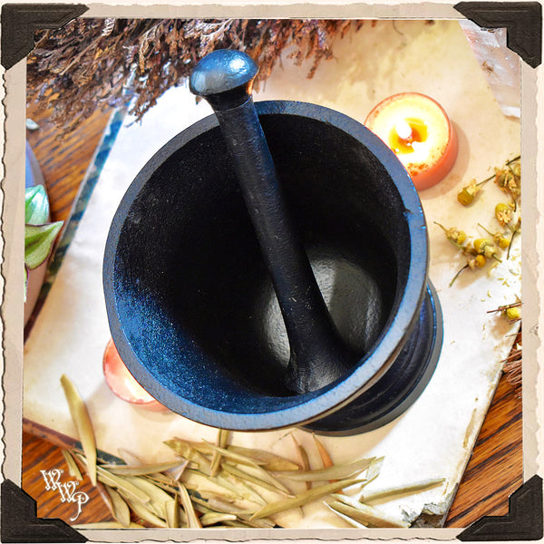 BLACK IRON PESTLE & MORTAR. Heavy Duty Witch's botanical grinder for Incense, resins & herbs.