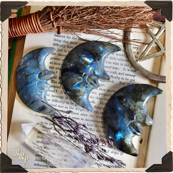 LABRADORITE CRYSTAL CRESCENT MOON. For Moon Healing, Spiritual Strength & Psychic Enhancement.
