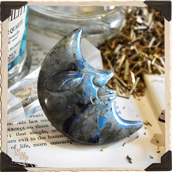 LABRADORITE CRYSTAL CRESCENT MOON. For Moon Healing, Spiritual Strength & Psychic Enhancement.