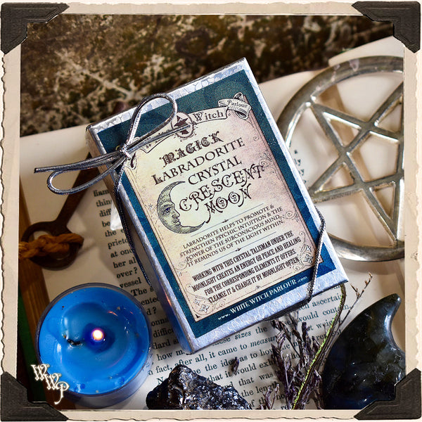 LABRADORITE CRYSTAL CRESCENT MOON. For Moon Healing, Spiritual Strength & Psychic Enhancement.