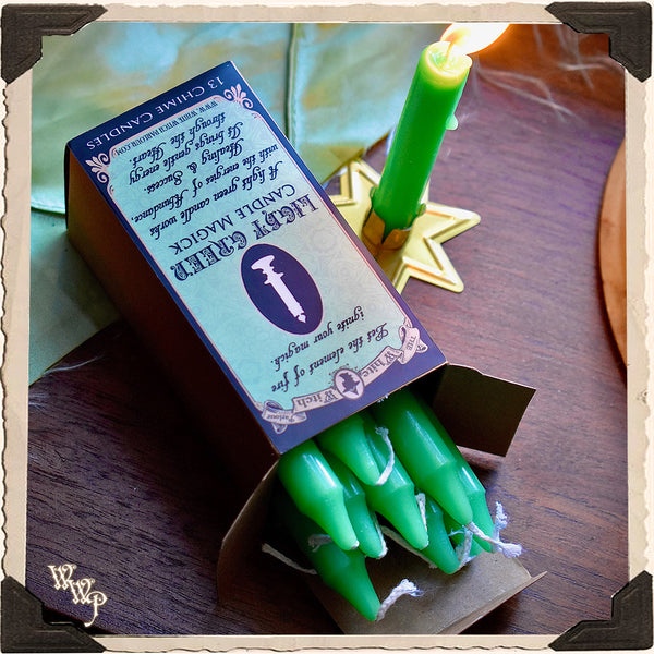 LIGHT GREEN SPELL CANDLES. 13 Pack - Unscented. Mini Taper Candle Magick for Abundance & Heart.
