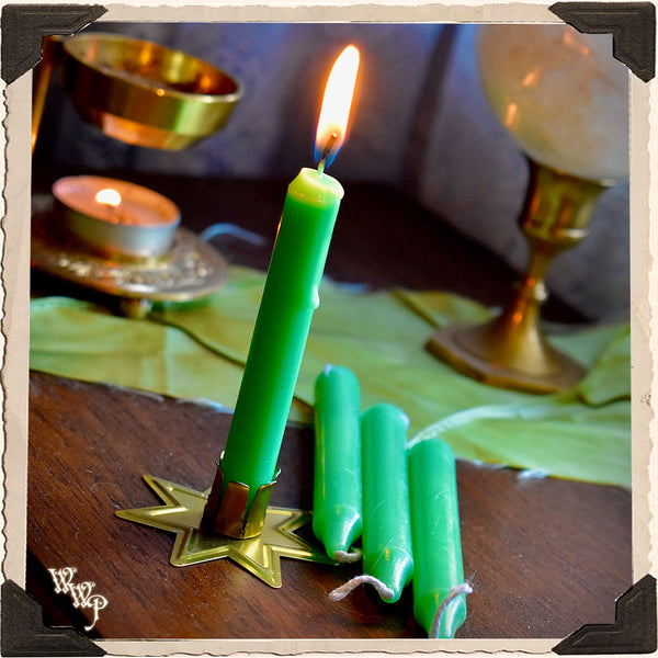 LIGHT GREEN SPELL CANDLES. 13 Pack - Unscented. Mini Taper Candle Magick for Abundance & Heart.