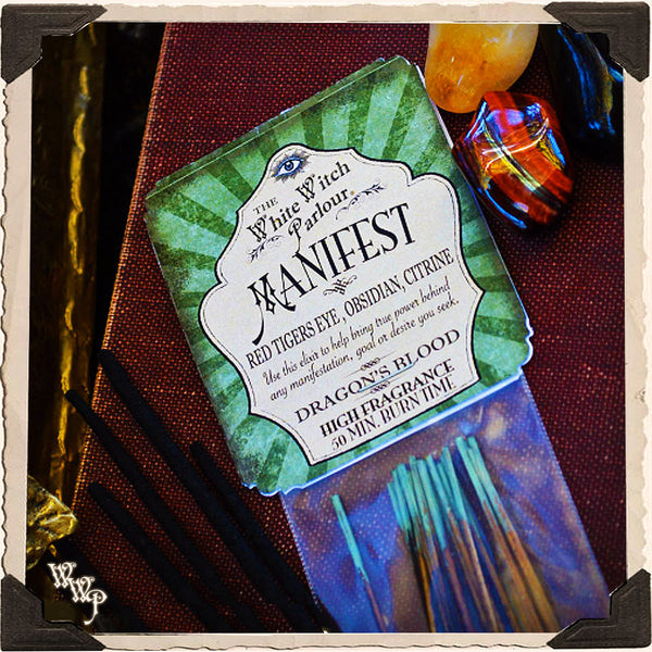 MANIFEST Elixir INCENSE. 20 Stick Pack. Scent of Dragon's Blood. Blessed by Red Tiger's Eye, Citrine & Obsidian Crystals. White Witch Parlour