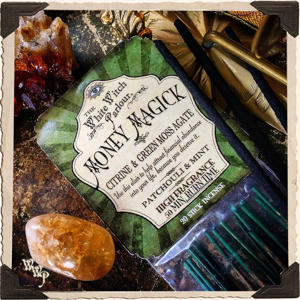 MONEY MAGICK Elixir INCENSE. 20 Stick Pack. Scent of Patchouli & Mint. Blessed by Citrine & Green Moss Agate Crystals.