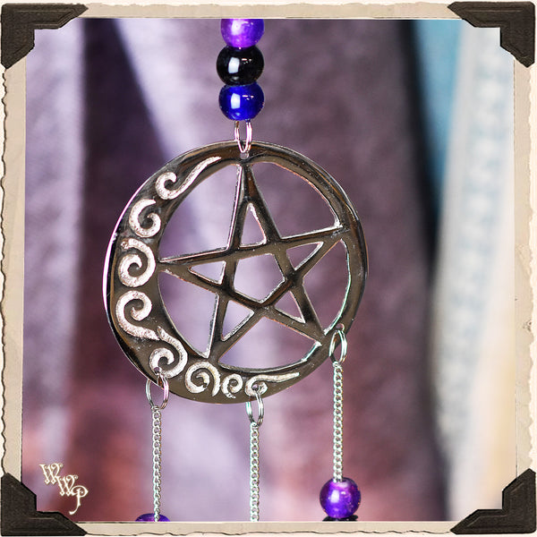 DISCONTINUED: SILVER MOON PENTACLE WINDCHIME. Witch, Goddess Decor.