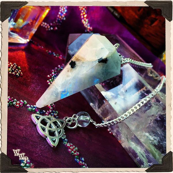 RAINBOW MOONSTONE CRYSTAL PENDULUM with Triquetra Charm. For Feminine energies & Lunar Cycles