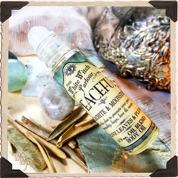PEACEFUL Elixir 1/3oz. BODY OIL Rollon. Scent of Olive Leaves & Plum. Blessed by Malachite & Moonstone Crystals.