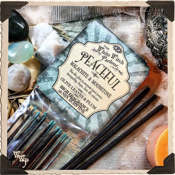 PEACEFUL Elixir INCENSE. 20 Stick Pack. Scent of Olive Leaves & Plum. Blessed by Malachite & Moonstone Crystals.